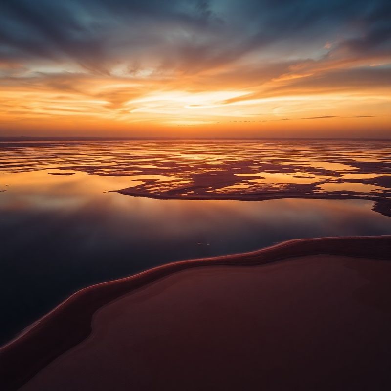 Lac sărat din Dobrogea la apus, cu reflexii de coral și pământ ocru