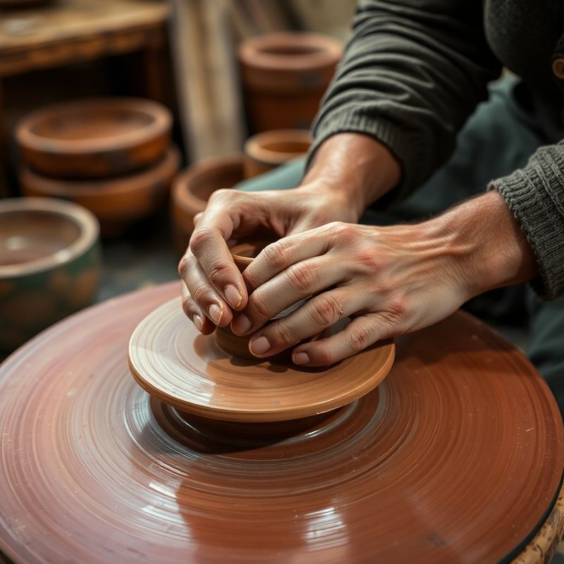 Mâini de olar românesc modelând lutul pe roata de olărit, în atelier din Horezu